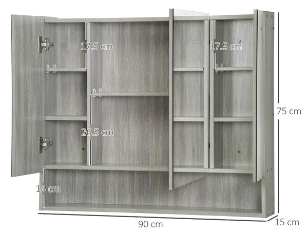 Zrcadlová skříňka Kleankin se 4 sekcemi a nastavitelnými policemi, koupelnové zrcadlo ze dřeva a skla, 90x15x75 cm, Šedá | Aosom