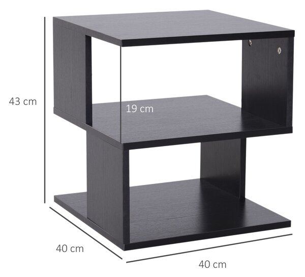 HOMCOM Designový Konferenční Stolek, Bílý Obývací Stolek, 2 Otevřené Poličky, Moderní Design, Konferenční a Obývací Stolek, Dřevo, 40x40x43 cm, Černý