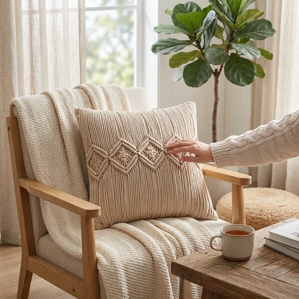 Béžový polštář s drhaným vzorem Macramé Cosy - 45*12*45 cm - J-Line by Jolipa