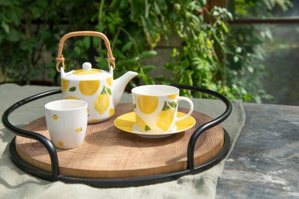Čajová sada s konvičkou a 2 hrnky Casa Limone - 16*11*12 cm / 600 ml - J-Line by Jolipa