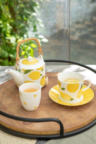 Čajová sada s konvičkou a 2 hrnky Casa Limone - 16*11*12 cm / 600 ml - J-Line by Jolipa