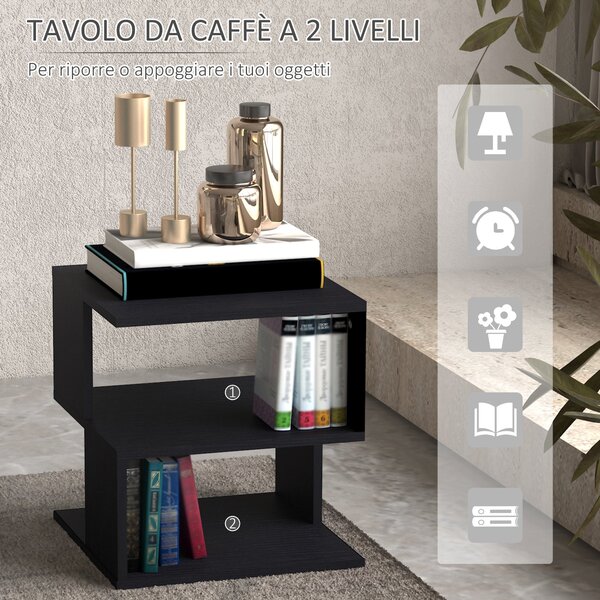 HOMCOM Designový Konferenční Stolek, Bílý Obývací Stolek, 2 Otevřené Poličky, Moderní Design, Konferenční a Obývací Stolek, Dřevo, 40x40x43 cm, Černý