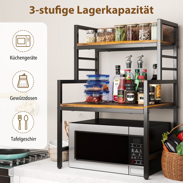 COSTWAY 3patrový regál do mikrovlnné trouby, průmyslový pultový regál se 2 otevřenými policemi, prostorově úsporný regál na koření, nosnost 50 kg, rustikální hnědá barva