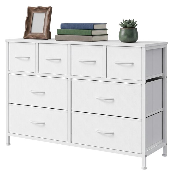 SONGMICS Komoda s 8 zásuvkami z látky, úložná skříň s kovovou konstrukcí, rozměry 98,7 x 30 x 74,7 cm, bílá barva