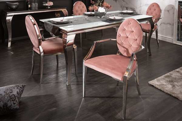 Elegantní židle MODERN BAROCK starožitný růžový samet s područkami a ozdobnými knoflíky