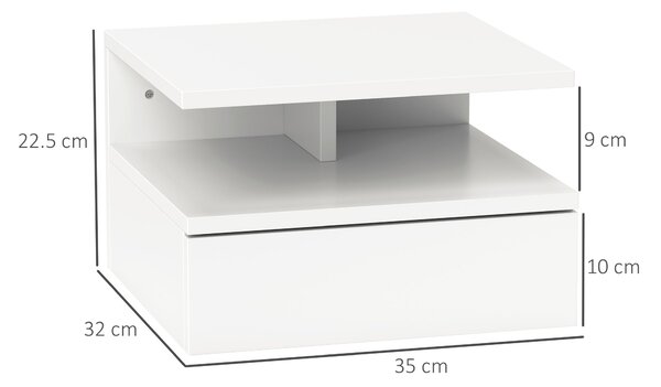 HOMCOM Nástěnný Noční Stolky, Moderní Noční Stolek s Úložným Zásuvkou a Horní Policí v Dřevě, 35x32x22,5cm, Bílá | Aosom
