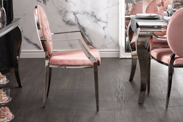 Elegantní židle MODERN BAROCK starožitný růžový samet s područkami a ozdobnými knoflíky