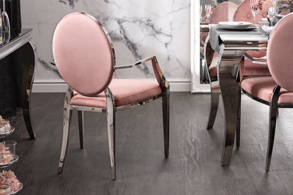 Elegantní židle MODERN BAROCK starožitný růžový samet s područkami a ozdobnými knoflíky