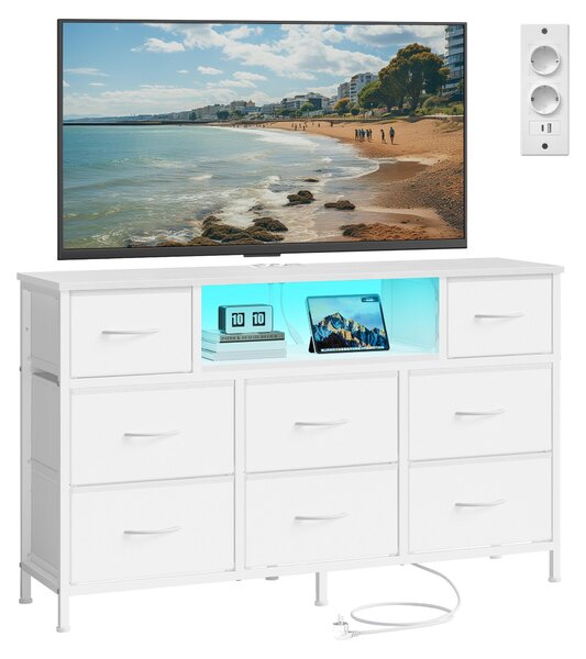 SONGMICS Komoda s 8 zásuvkami z látky, televizní stolek s LED osvětlením a zásuvkami, rozměry 113,8 x 30 x 68,1 cm, bílá barva
