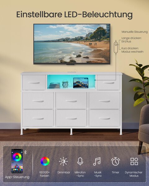 SONGMICS Komoda s 8 zásuvkami z látky, televizní stolek s LED osvětlením a zásuvkami, rozměry 113,8 x 30 x 68,1 cm, bílá barva