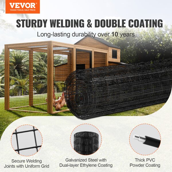 VEVOR drát pro voliéry 61 x 1524 cm, zahradní plot, role z drátěného pletiva 1,52 mm, drátěný plot s vinylovým povrchem pro zábrany kurníků, ohrady pro králíky a hady, ohrady pro drůbež