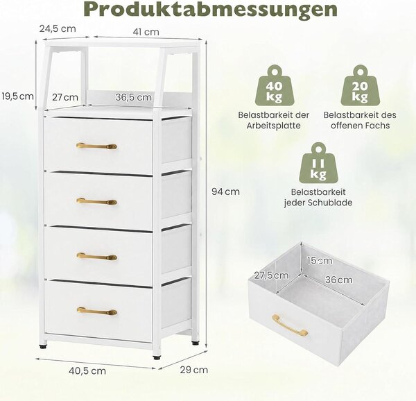 Komoda COSTWAY s 5 zásuvkami, zásuvková skříň, úložná skříň s kovovou konstrukcí, včetně bezpečnostních prvků proti převrácení a nohou, vhodná do obývacího pokoje i ložnice