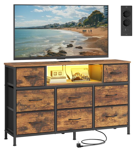 SONGMICS Komoda s 8 zásuvkami z látky, televizní stolek s LED osvětlením a zásuvkami, rozměry 113,8 x 30 x 68,1 cm, barva vintage hnědá