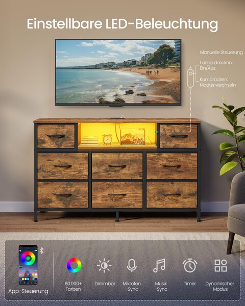 SONGMICS Komoda s 8 zásuvkami z látky, televizní stolek s LED osvětlením a zásuvkami, rozměry 113,8 x 30 x 68,1 cm, barva vintage hnědá