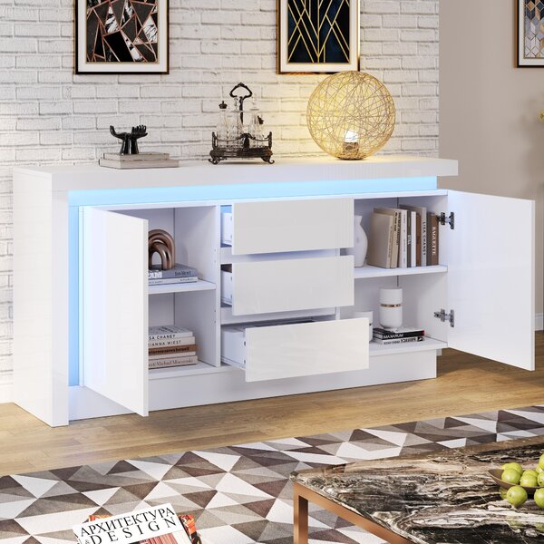 Sweiko 140x35x72cm příborník, komoda do ložnice, obývacího pokoje, odkládací stolek se 3 zásuvkami, skříňka s nastavitelnými policemi a 2 dvířky, rozkládací příborník ve vysokém lesku s LED, bílý