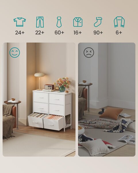 SONGMICS Komoda, skříň, 6 látkových zásuvek, do ložnice, předsíně, obývacího pokoje, bílá