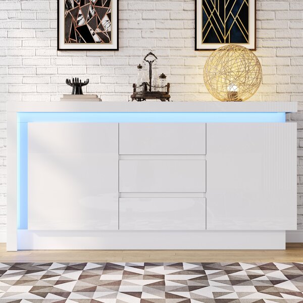 Sweiko 140x35x72cm příborník, komoda do ložnice, obývacího pokoje, odkládací stolek se 3 zásuvkami, skříňka s nastavitelnými policemi a 2 dvířky, rozkládací příborník ve vysokém lesku s LED, bílý