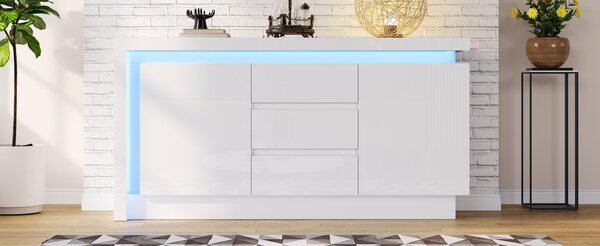 Sweiko 140x35x72cm příborník, komoda do ložnice, obývacího pokoje, odkládací stolek se 3 zásuvkami, skříňka s nastavitelnými policemi a 2 dvířky, rozkládací příborník ve vysokém lesku s LED, bílý