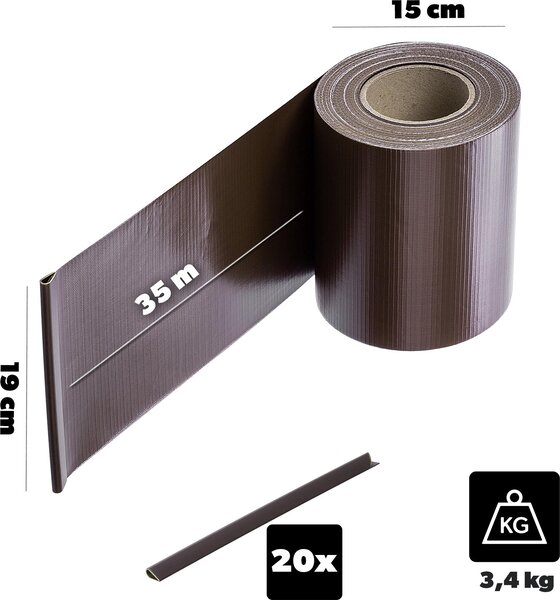 KADAX PVC stínící pásky 35 m x 19 cm, hnědé pro dvojitý plot, stínící pásky s 20 upevňovacími klipy, větrná clona, plotová fólie pro plot z pletiva
