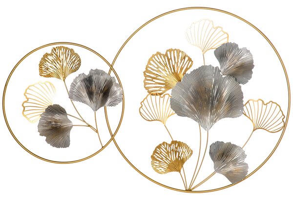 HOMCOM 3D Kovová Nástěnná Dekorace, Zlaté Nástěnné Umění s Listy Ginkgo ve Dvou Kulatých Rámcích, 102x66,2 cm, Zlatá a Stříbrná | Aosom