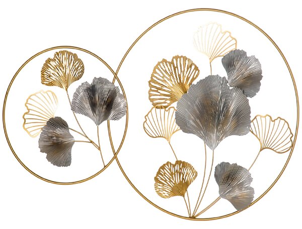 HOMCOM 3D Kovová Nástěnná Dekorace, Zlaté Nástěnné Umění s Listy Ginkgo ve Dvou Kulatých Rámcích, 102x66,2 cm, Zlatá a Stříbrná | Aosom