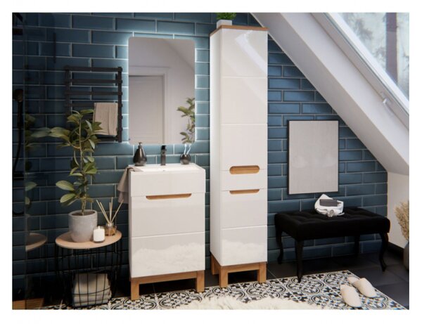 Nábytek do koupelny s LED osvětlením KIEL - alpská bílá / dub wotan / lesklá bílá + sifon a baterie Platino ZDARMA