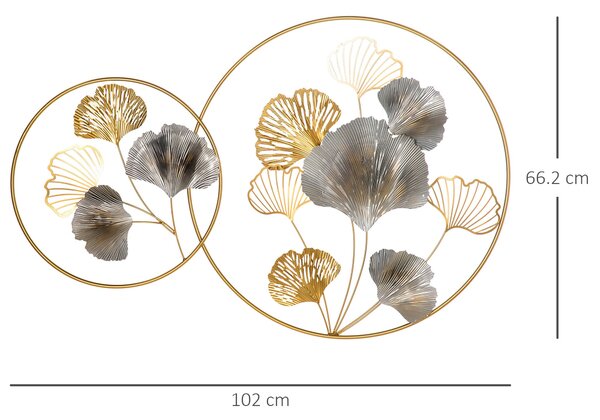 HOMCOM 3D Kovová Nástěnná Dekorace, Zlaté Nástěnné Umění s Listy Ginkgo ve Dvou Kulatých Rámcích, 102x66,2 cm, Zlatá a Stříbrná | Aosom