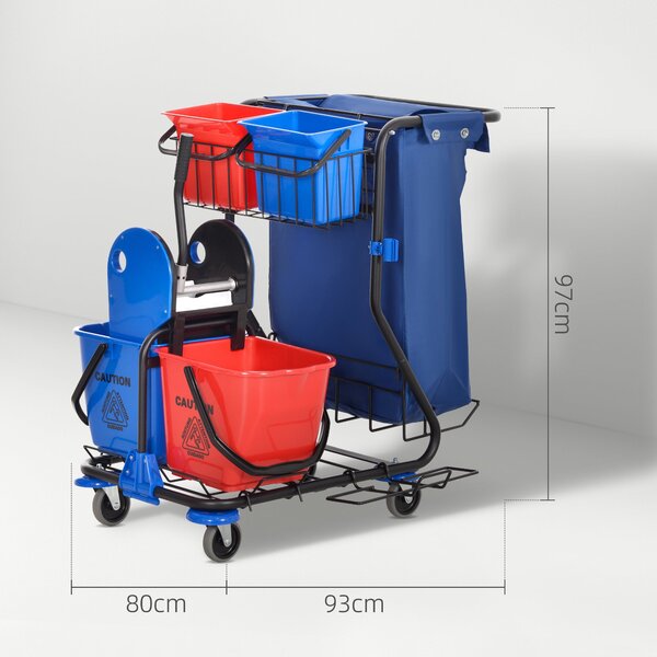 HOMCOM Profesionální Čisticí Vozík s Odpadkovým Pytlem, 2x 18L Kbelíky, 2x 6L Úložné Kbelíky, Ždímač Mopu, Háček a Kola pro Hotely a Ubytovny, 93x80x9