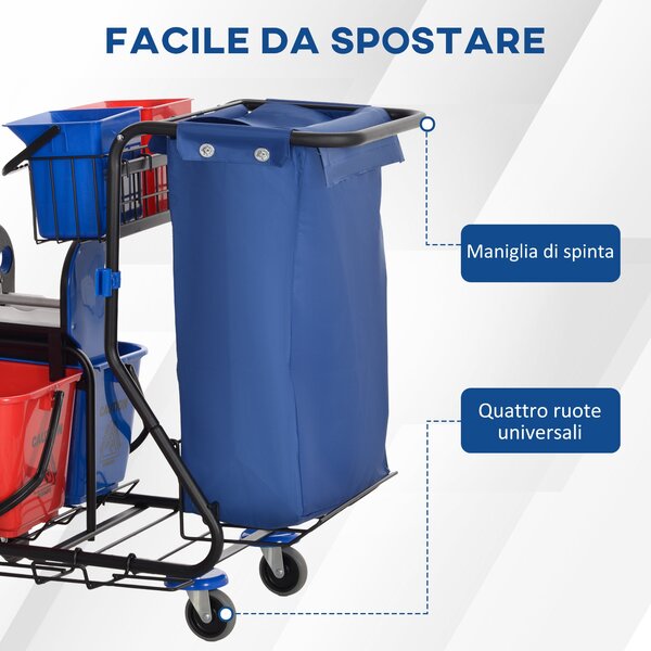 HOMCOM Profesionální Čisticí Vozík s Odpadkovým Pytlem, 2x 18L Kbelíky, 2x 6L Úložné Kbelíky, Ždímač Mopu, Háček a Kola pro Hotely a Ubytovny, 93x80x9