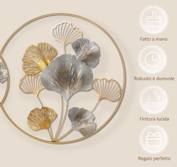 HOMCOM 3D Kovová Nástěnná Dekorace, Zlaté Nástěnné Umění s Listy Ginkgo ve Dvou Kulatých Rámcích, 102x66,2 cm, Zlatá a Stříbrná | Aosom