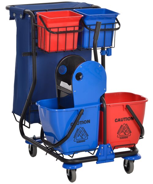 HOMCOM Profesionální Čisticí Vozík s Odpadkovým Pytlem, 2x 18L Kbelíky, 2x 6L Úložné Kbelíky, Ždímač Mopu, Háček a Kola pro Hotely a Ubytovny, 93x80x9