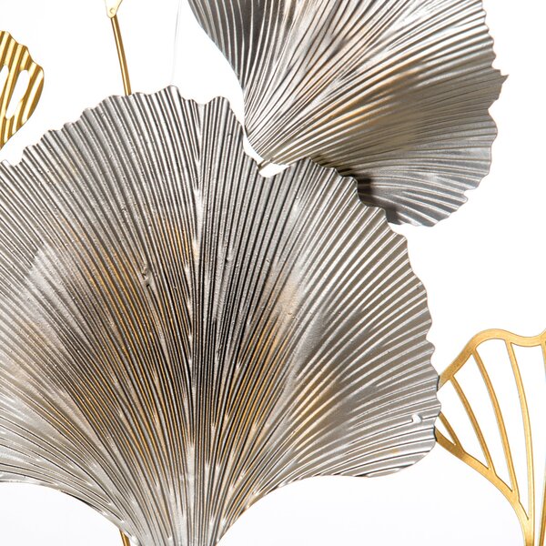 HOMCOM 3D Kovová Nástěnná Dekorace, Zlaté Nástěnné Umění s Listy Ginkgo ve Dvou Kulatých Rámcích, 102x66,2 cm, Zlatá a Stříbrná | Aosom