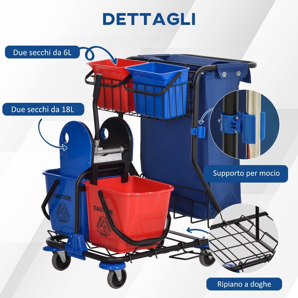HOMCOM Profesionální Čisticí Vozík s Odpadkovým Pytlem, 2x 18L Kbelíky, 2x 6L Úložné Kbelíky, Ždímač Mopu, Háček a Kola pro Hotely a Ubytovny, 93x80x9