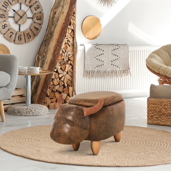 HOMCOM Úložný Otoman ve Tvaru Bison, Moderní Stolička do Obývacího Pokoje, Polstrované Sedátko, Dřevěný Rám, 62x35x36cm, Hnědá | Aosom