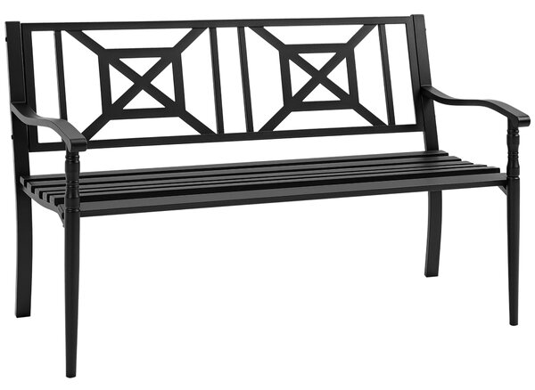Outsunny Dvou místná zahradní lavice z oceli s područkami a dekorativním opěradlem pro terasu, balkon, patio, nosnost 240 kg, 128x62,5x81,5 cm, černá