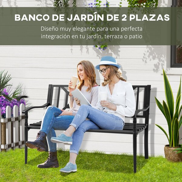 Outsunny Dvou místná zahradní lavice z oceli s područkami a dekorativním opěradlem pro terasu, balkon, patio, nosnost 240 kg, 128x62,5x81,5 cm, černá