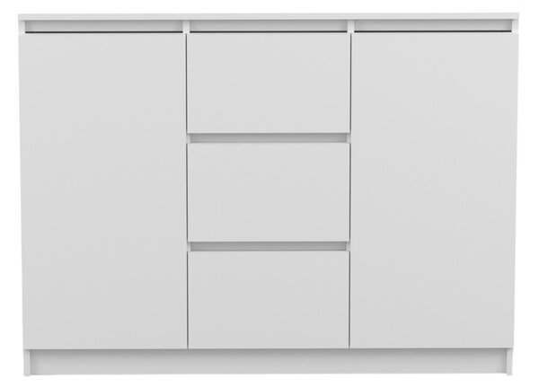 Komoda SOLO 2D3S, ložnice, příborník 120 cm, bílá/bílá, dvoudveřová, tři zásuvky, bez úchytek