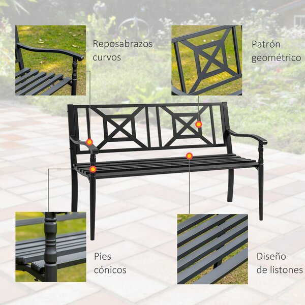 Outsunny Dvou místná zahradní lavice z oceli s područkami a dekorativním opěradlem pro terasu, balkon, patio, nosnost 240 kg, 128x62,5x81,5 cm, černá