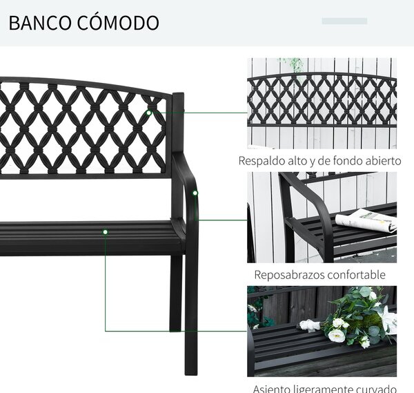 Outsunny Zahradní Lavice pro Dva s Dekorativním Opěradlem a Podlahovými Loketními Opěrkami pro Terasu, Balkón, Patio, Exteriér, Nosnost 240 kg, Litina