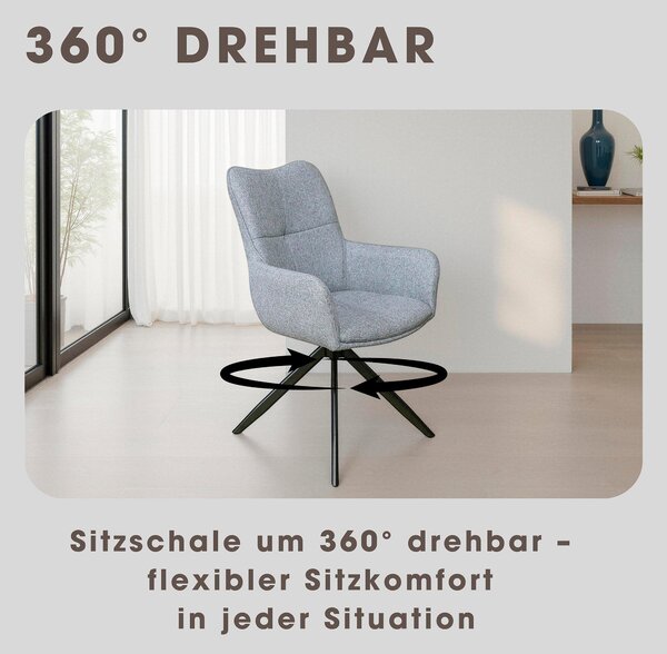 Jídelní židle byLIVING, sada 2 kusů, model HAMILTON, otočná o 360 stupňů, potah z tkaniny, světle šedá barva, kovová konstrukce, černá barva, kuchyňská židle s područkami, rozměry: šířka 57 cm, výška 90 cm, hloubka 63 cm