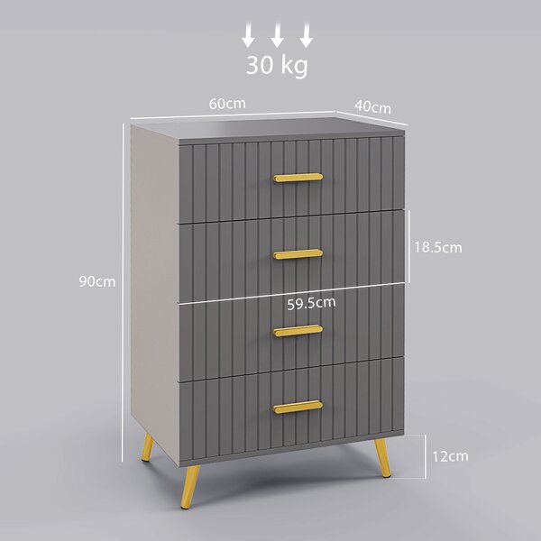 HOMCOM Moderní a Stabilní komoda se 4 zásuvkami, dřevěná a hliníková komoda, 60x40x90 cm, Zlatá a Tmavě šedá | Aosom