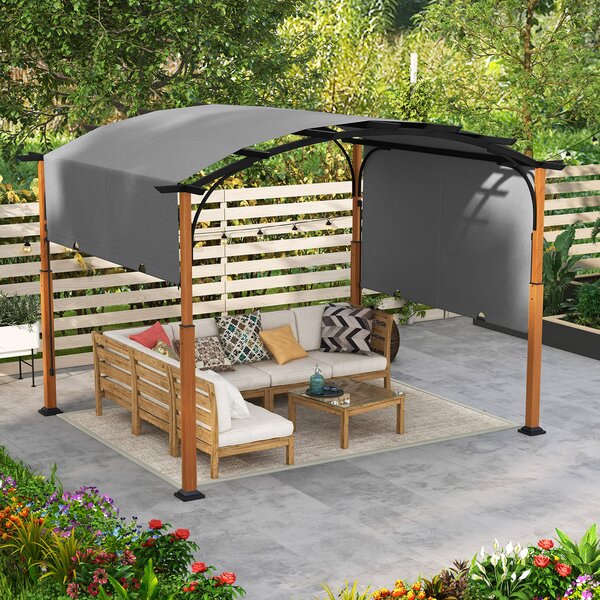 COSTWAY pergola se stahovací střechou, 3,6x3m pavilon vodotěsný stabilní zimě odolný, zahradní pavilon s robustními kovovými sloupy šedý