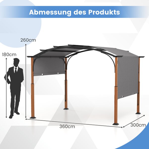 COSTWAY pergola se stahovací střechou, 3,6x3m pavilon vodotěsný stabilní zimě odolný, zahradní pavilon s robustními kovovými sloupy šedý