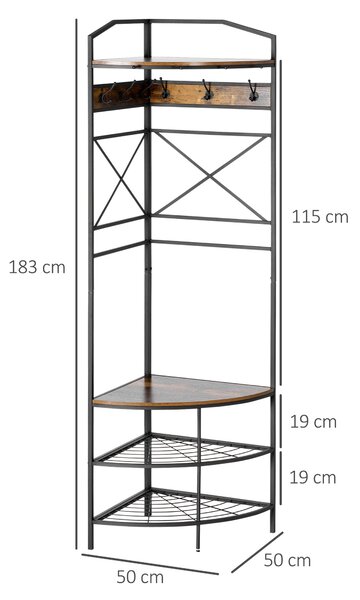 HOMCOM Volně stojící věšák na kabáty s háčky, rohový věšák do předsíně s lavicí a regálem na boty, industriální styl, 50x50x183cm, rustikální hnědá |