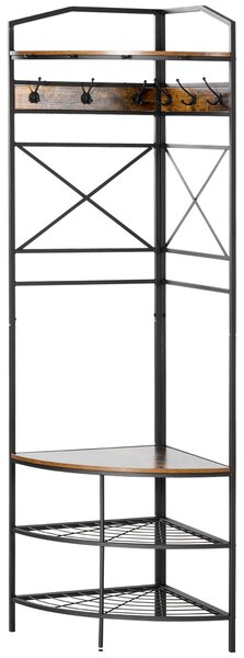 HOMCOM Volně stojící věšák na kabáty s háčky, rohový věšák do předsíně s lavicí a regálem na boty, industriální styl, 50x50x183cm, rustikální hnědá |