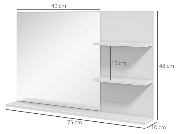 Kleankin Moderní Zrcadlo do Koupelny s 2 Bočními Policemi a Spodní Policí, Nástěnné Zrcadlo z MDF a Skla, 75x10x48 cm, Bílá | Aosom