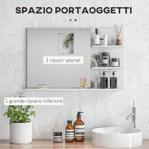 Kleankin Moderní Zrcadlo do Koupelny s 2 Bočními Policemi a Spodní Policí, Nástěnné Zrcadlo z MDF a Skla, 75x10x48 cm, Bílá | Aosom