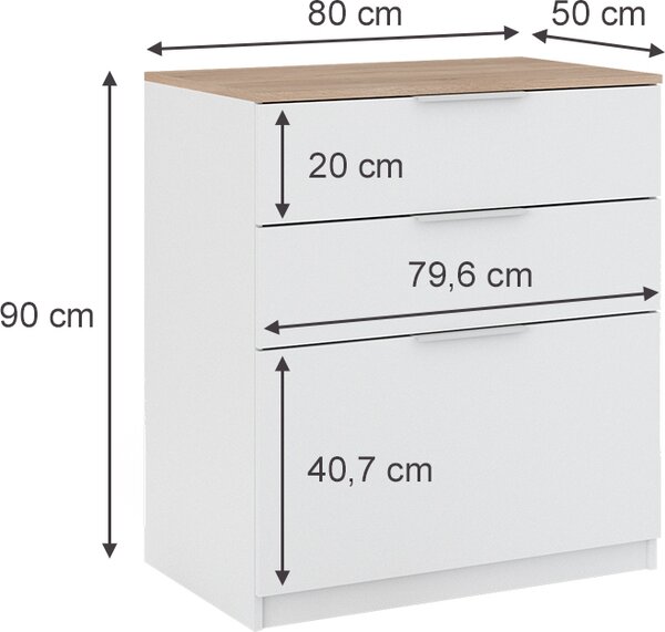 Kredenc Vicco Betti Bílá/Sonoma 50 x 90 cm se 3 zásuvkami, Model 41509