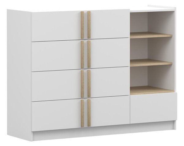 Komoda SEVILLA 5S, ložnice, příborník 135 cm, bílá/bílá, pět zásuvek, dřevěné úchytky