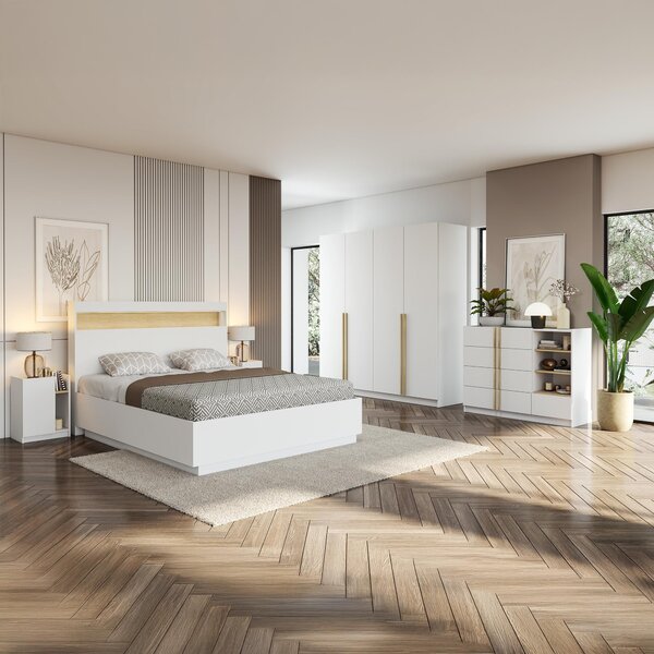 Komoda SEVILLA 5S, ložnice, příborník 135 cm, bílá/bílá, pět zásuvek, dřevěné úchytky
